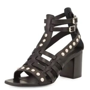 YSL Saint Laurent Calfskin Stud Block Heel Gladiator Sandals Black 37 / US 7